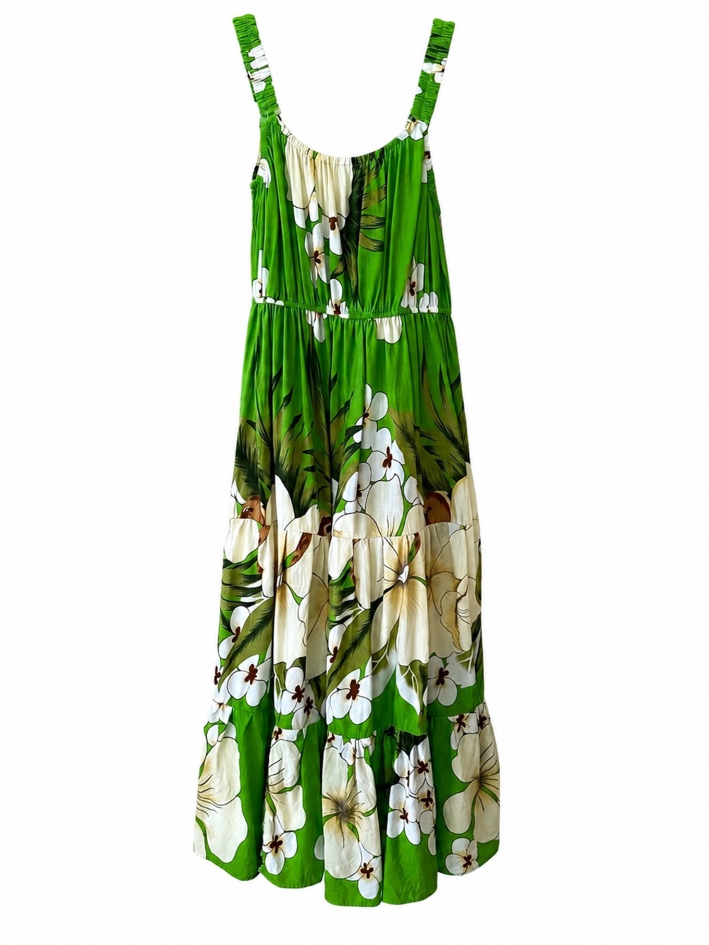 Coco Beach Hawaii Green Floral Tiered Midi Dress one cotton blend
